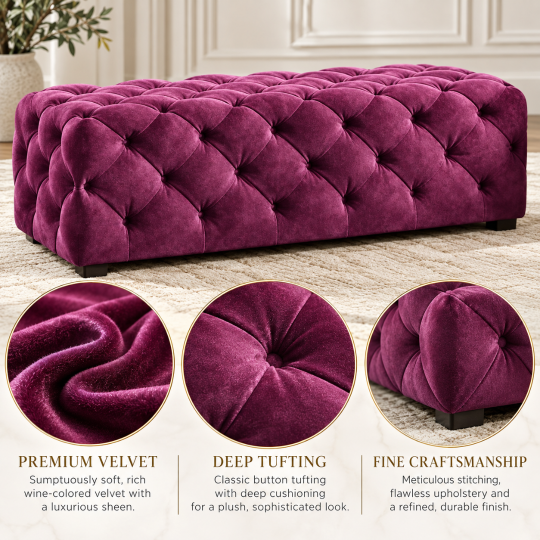 Wooden Twist wine tufted bench – premium velvet, deep tufting and fine craftsmanship close-ups