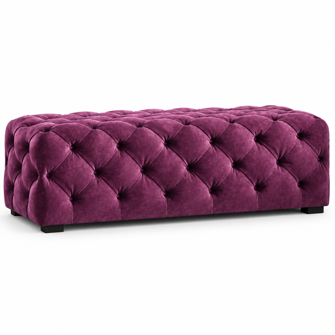 Wooden Twist wine tufted velvet bench – front view on white background