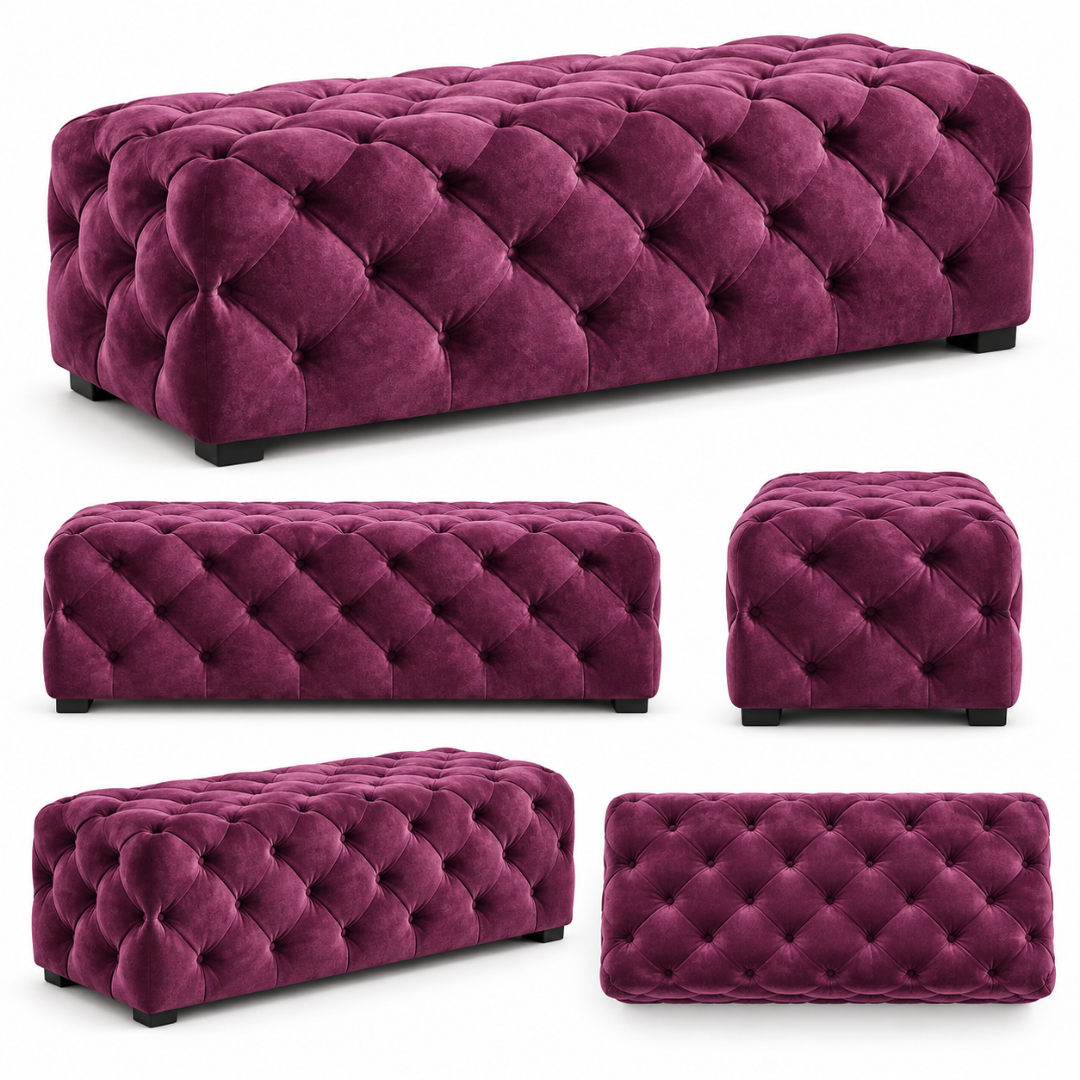 Wooden Twist wine tufted velvet bench – front, side and angled views on white background