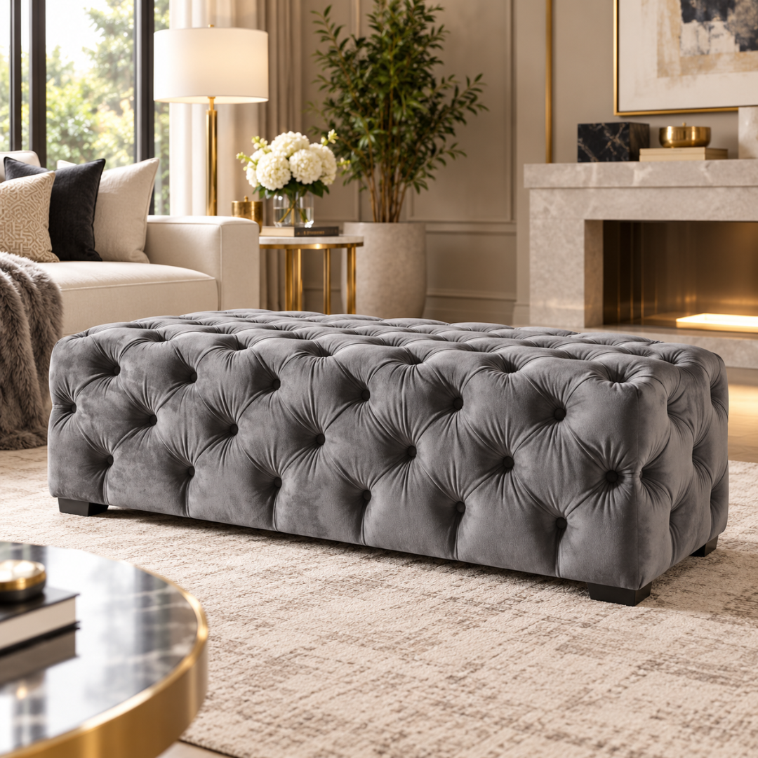 Wooden Twist wide tufted velvet bench in grey – lifestyle view in living room