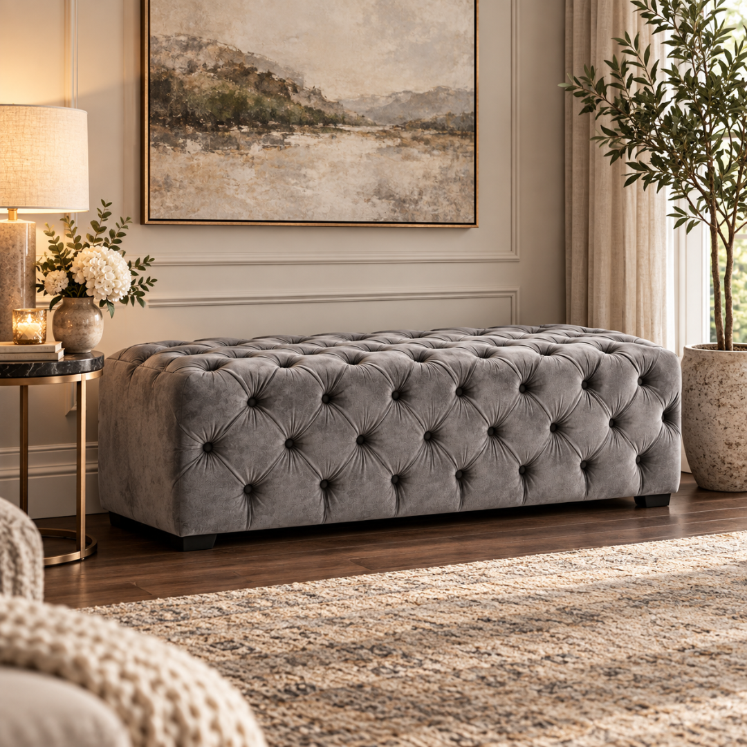 Wooden Twist grey tufted velvet bench – lifestyle view in a bright living room
