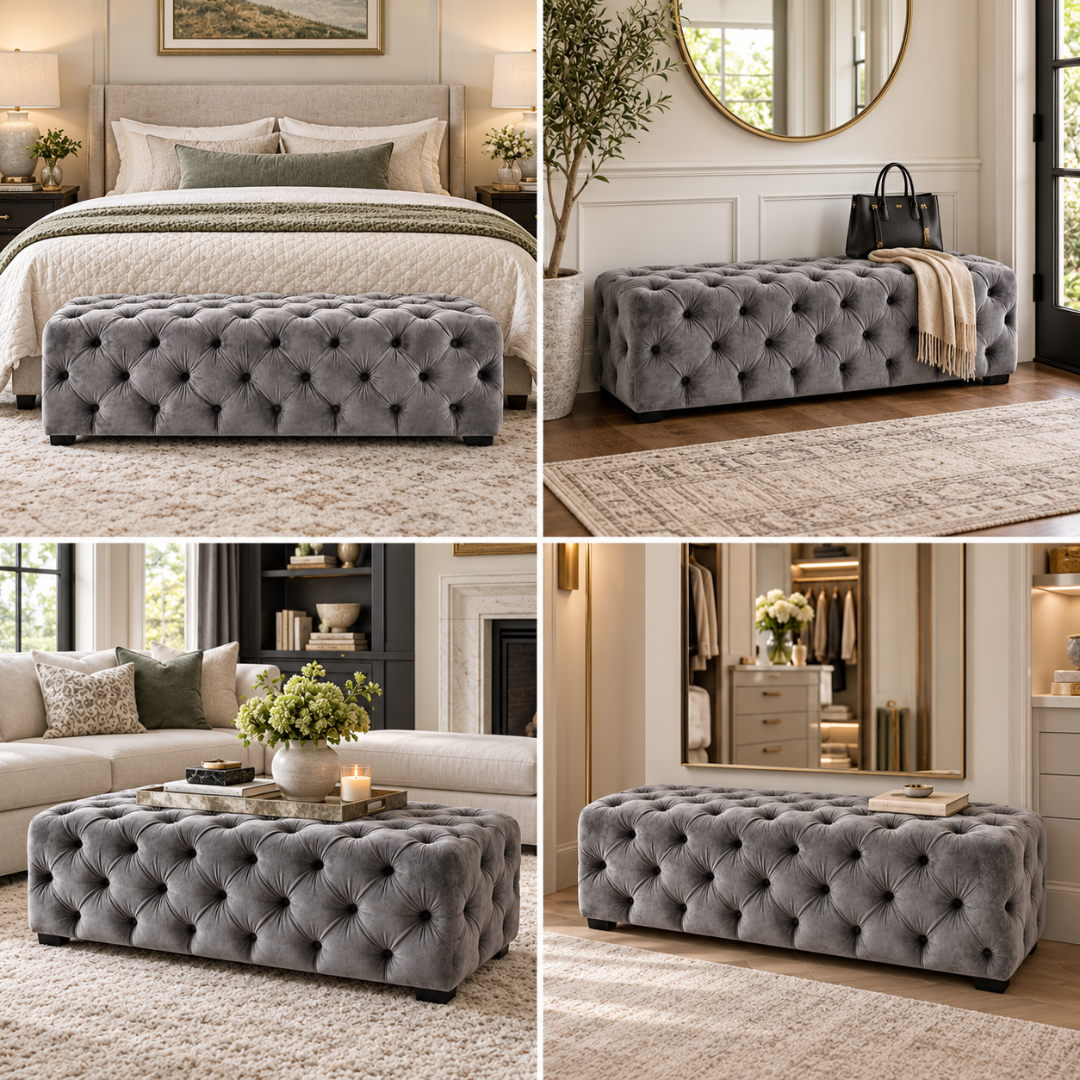 Wooden Twist grey tufted bench – styled in bedroom, entryway, living room and dressing area