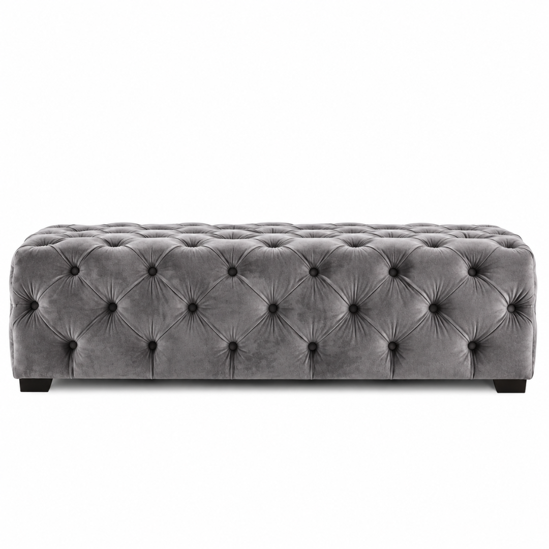 Wooden Twist grey tufted velvet bench – front view on white background