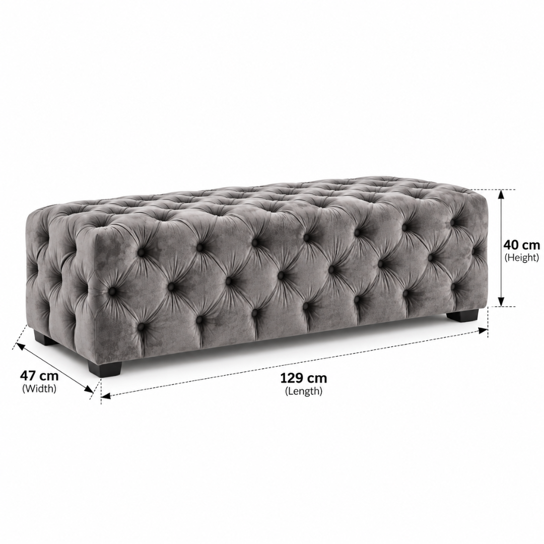 Wooden Twist grey tufted velvet bench – dimensions 129 x 47 x 40 cm