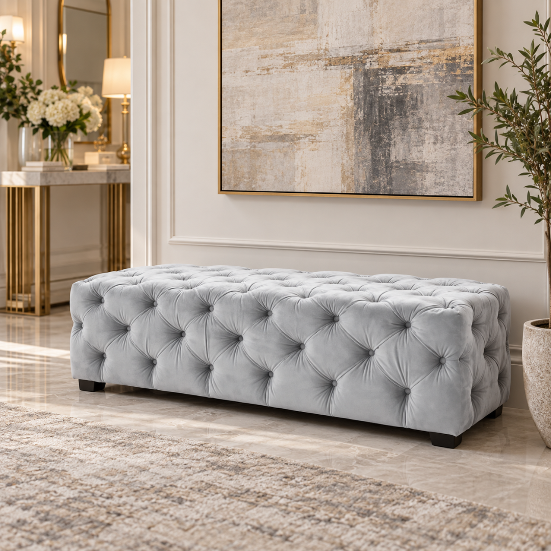 Wooden Twist light grey tufted velvet bench – angled lifestyle view in living room
