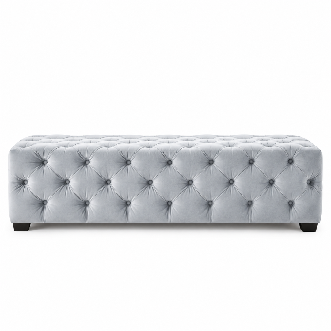 Wooden Twist light grey tufted velvet bench – front view on white background