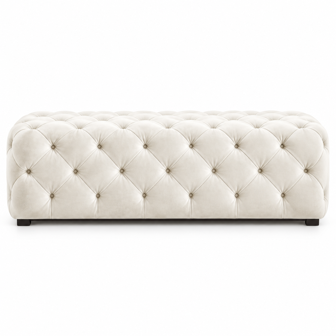 Wooden Twist white tufted velvet bench – front view on white background