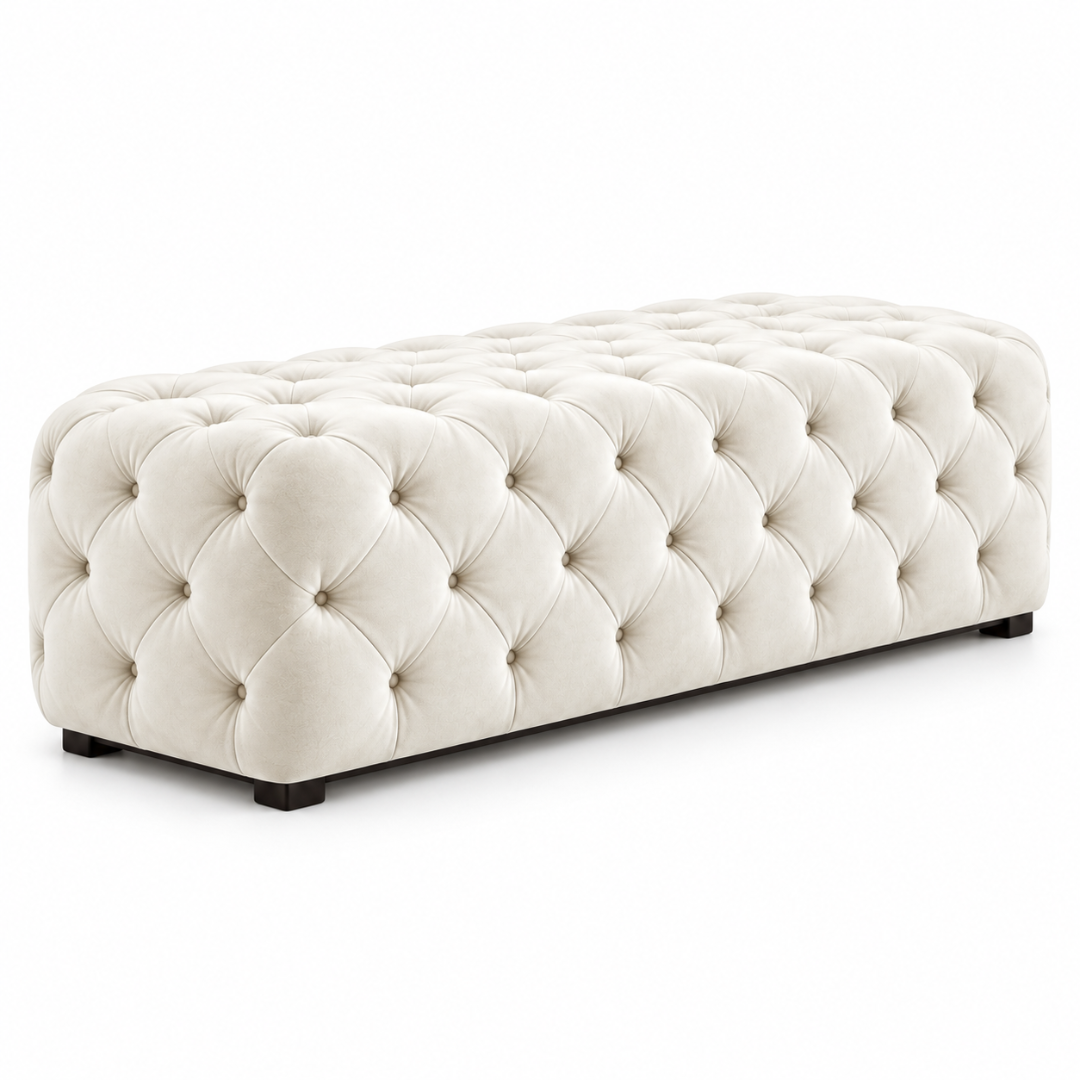 Wooden Twist white tufted velvet bench – angled view on white background