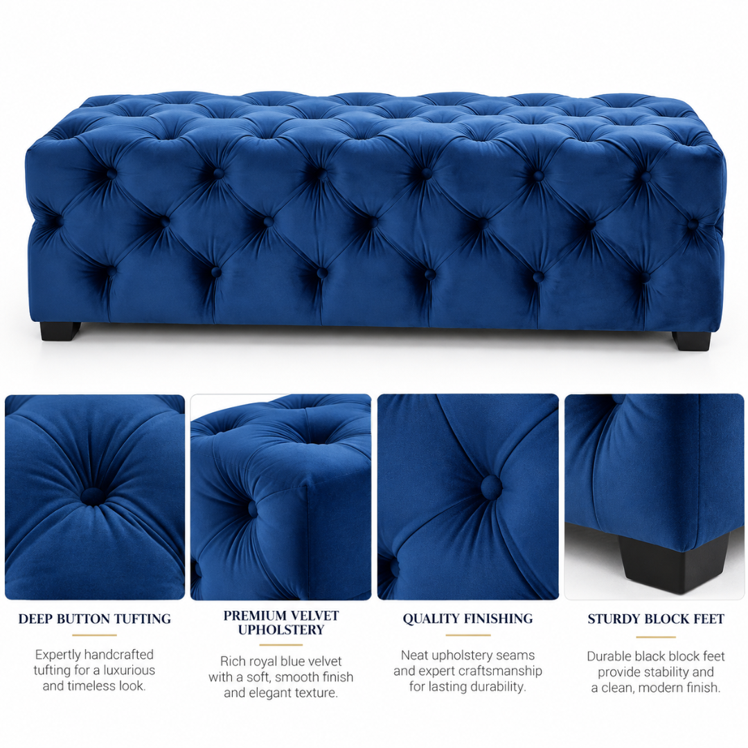 Wooden Twist navy blue tufted bench – features: deep button tufting, premium velvet, quality padding, sturdy legs