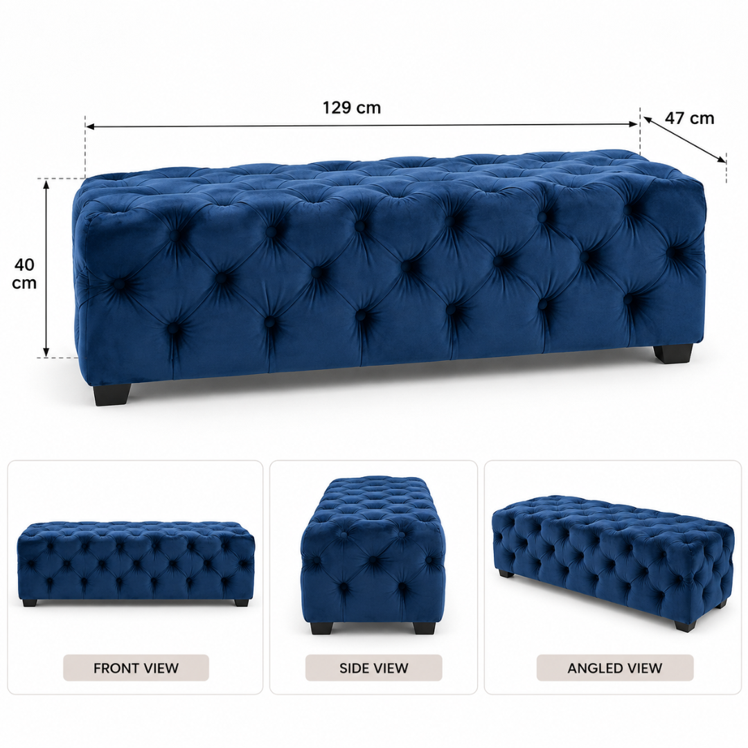 Wooden Twist navy blue tufted bench – dimensions 129 x 47 x 40 cm with front, side and angled views