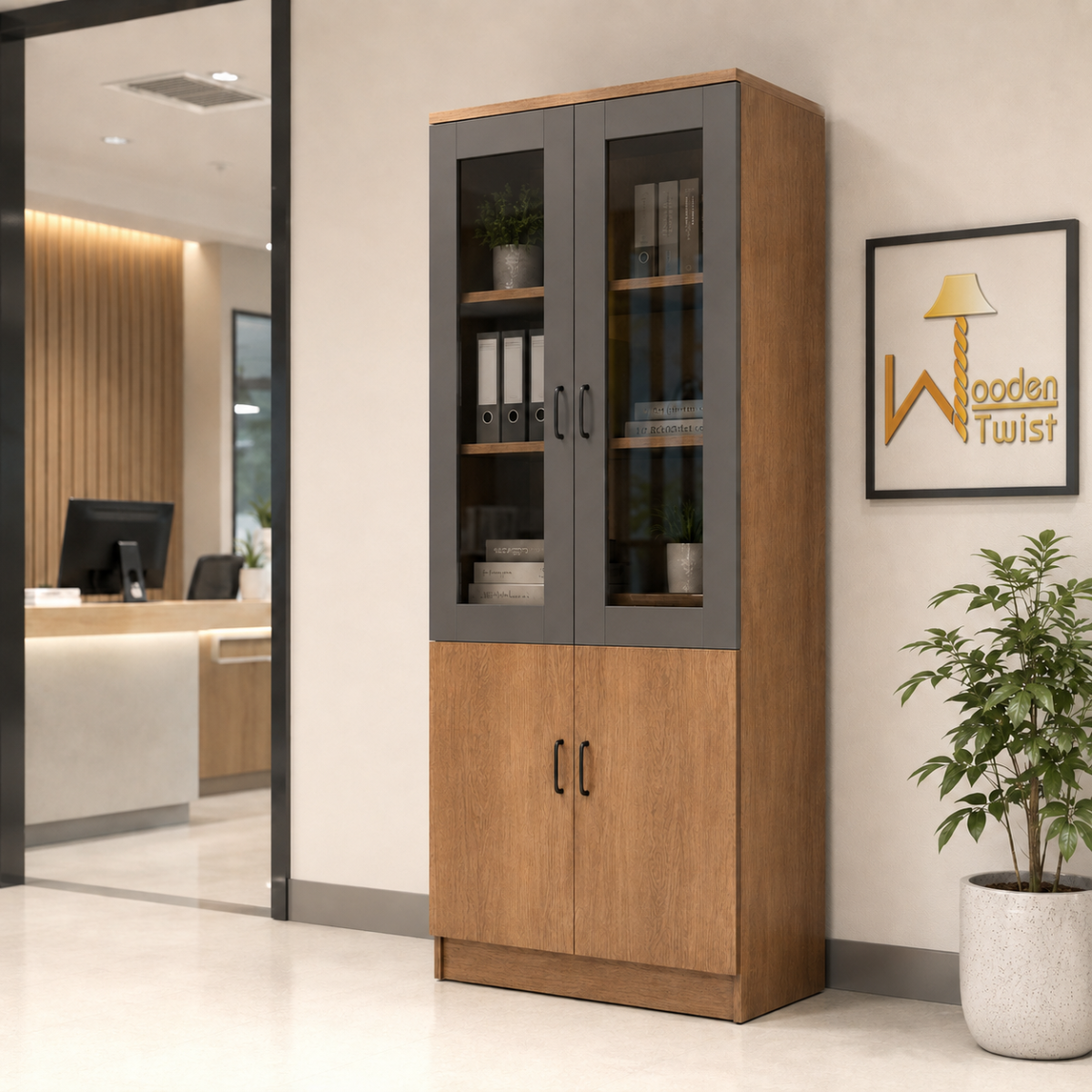 Wooden office wardrobe in a reception lounge beside a framed Wooden Twist logo and potted plant