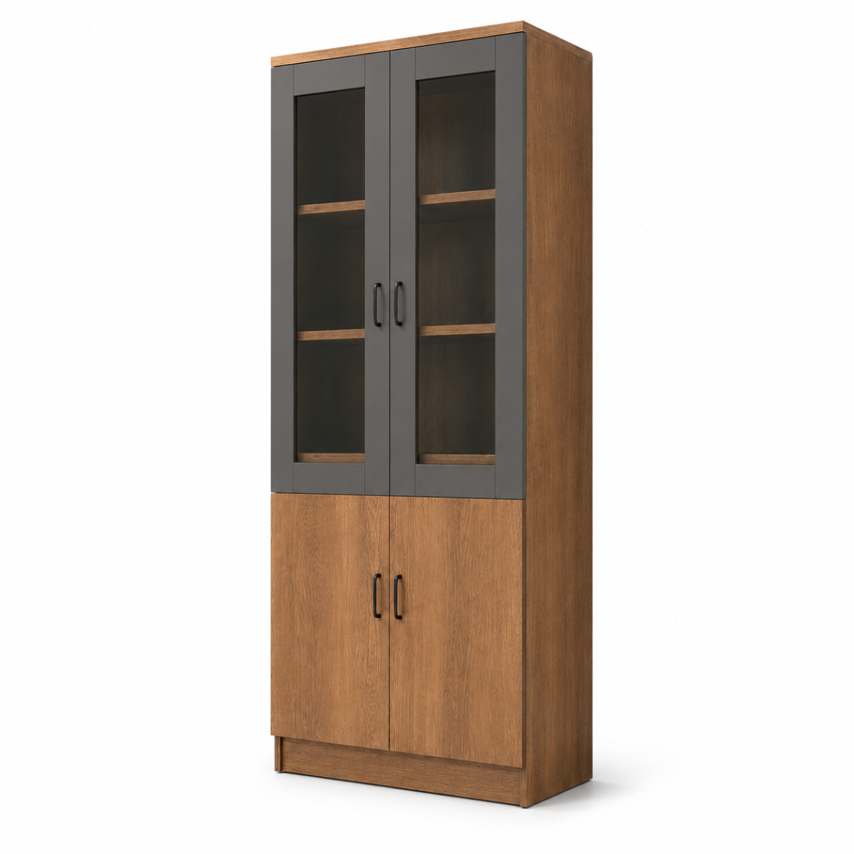 clean angled product view on white background showing glass upper doors and wood lower doors