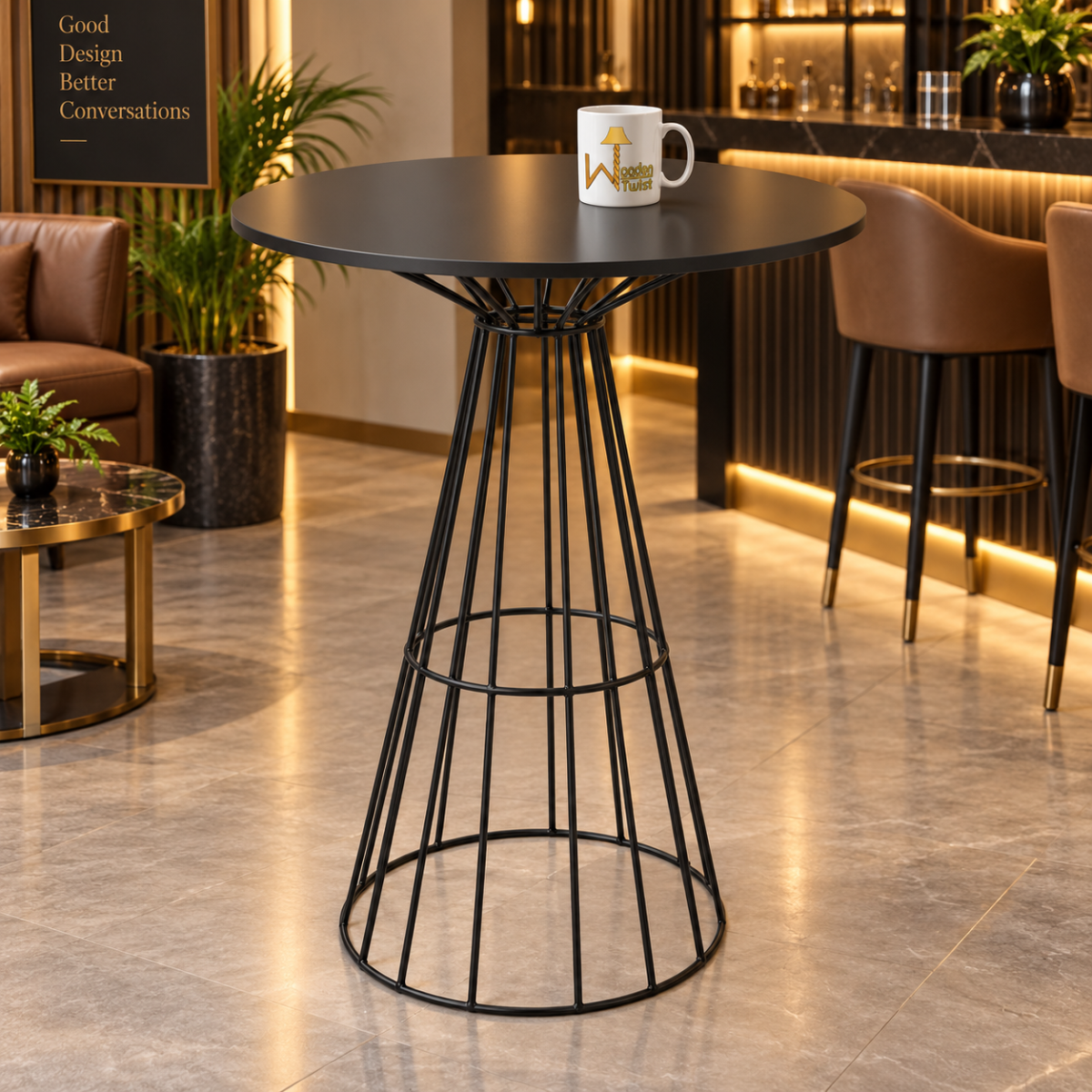 AeroCage Round Bar Table - angled view in a lounge bar setting with coffee mug