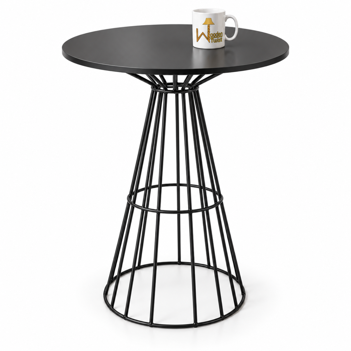 AeroCage Round Bar Table - product shot with coffee mug on white background