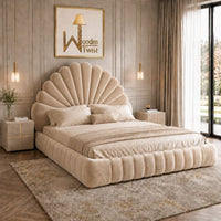 Amara Shell Luxe Beige Velvet Upholstered Bed