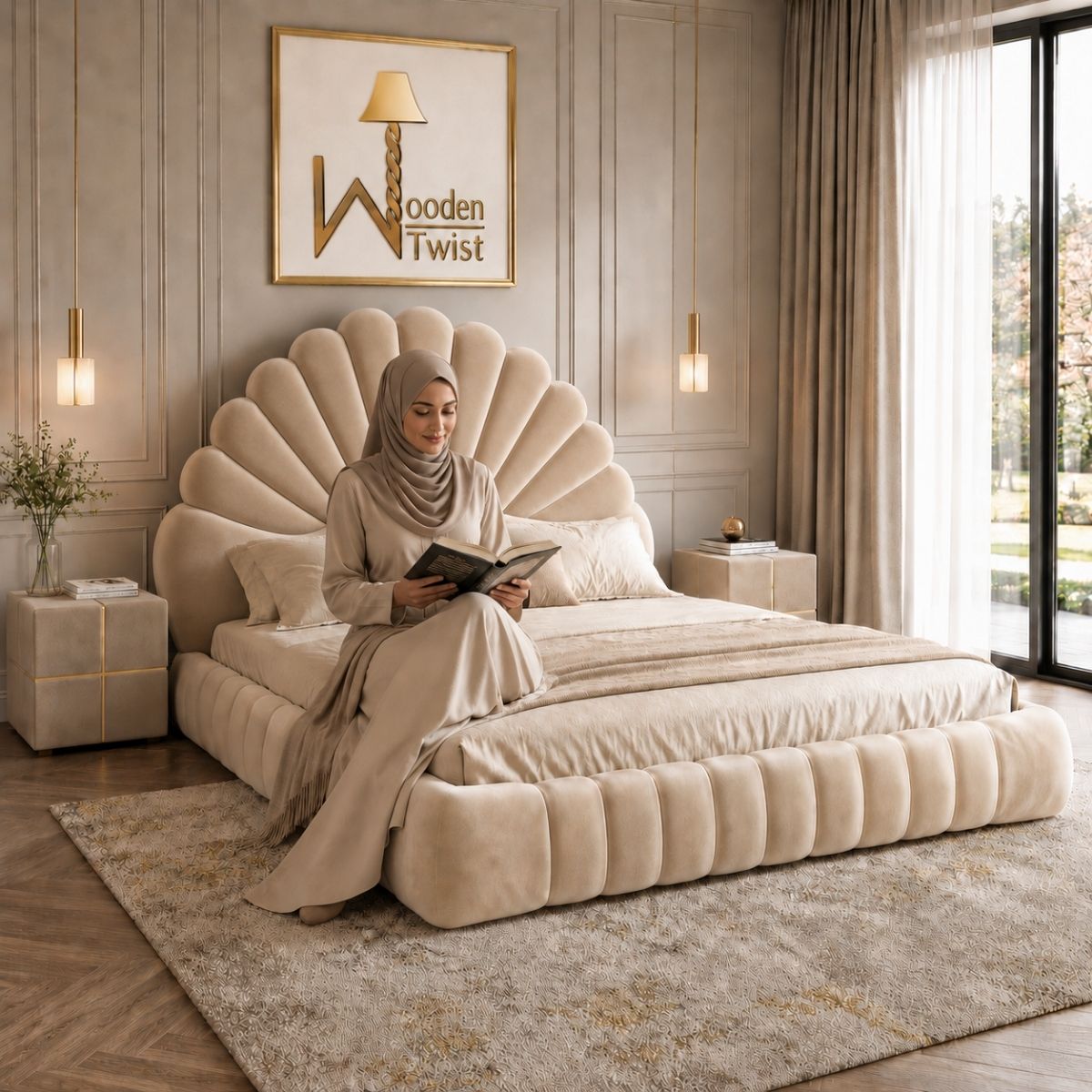 Amara Shell Luxe Beige Velvet Upholstered Bed