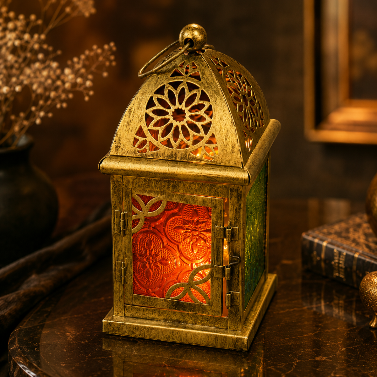 Wooden Twist Antique Brass Moroccan Lantern 20cm with Multicolor Glass Panels - lifestyle view on marble table