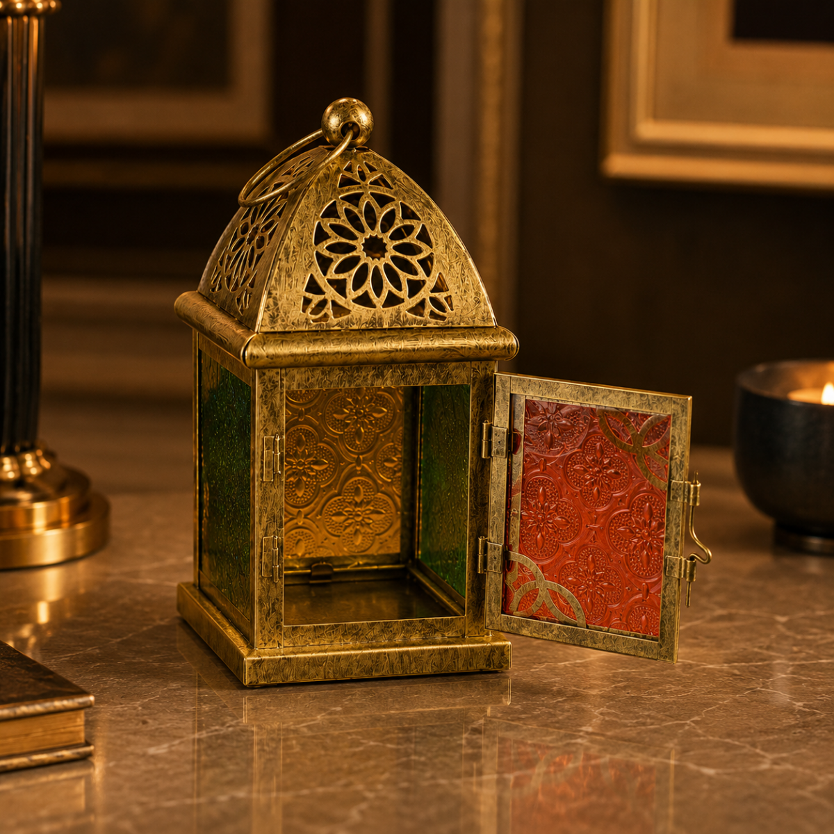 Wooden Twist Antique Brass Moroccan Lantern 20cm - product view showing red and green glass panels