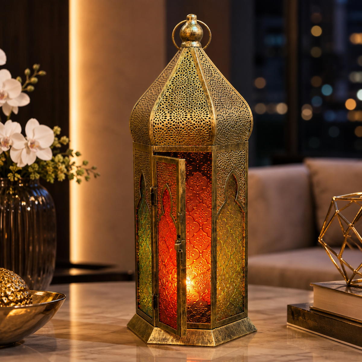 Wooden Twist Antique Brass Moroccan Lantern 40cm, lit lifestyle view on marble table