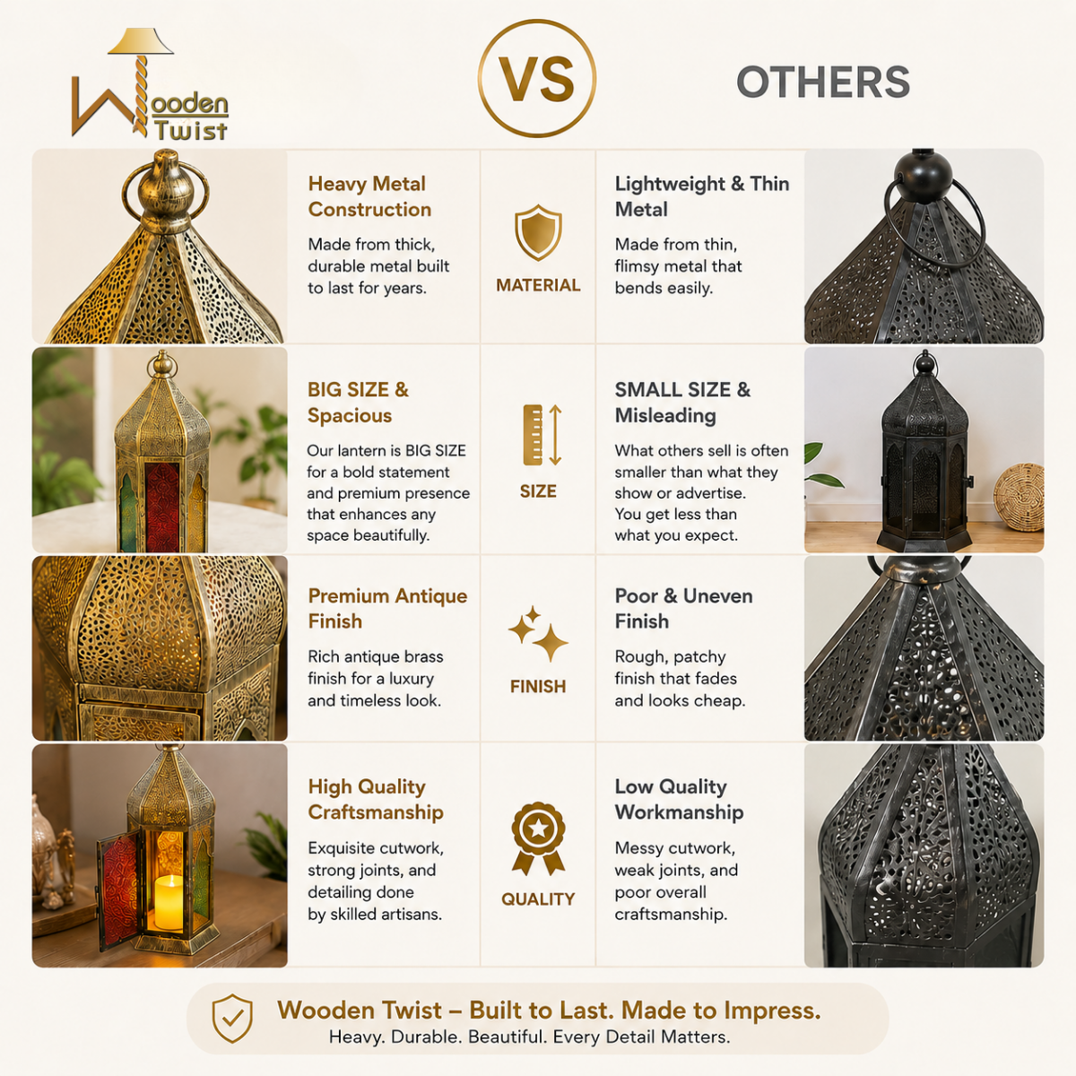 Wooden Twist Antique Brass Moroccan Lantern 40cm, product view