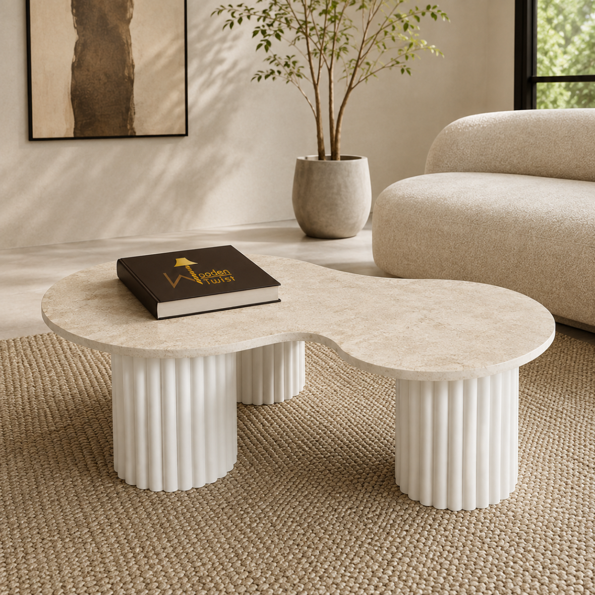 Wooden Twist Aurelia Travertine Coffee Table - lifestyle living room view
