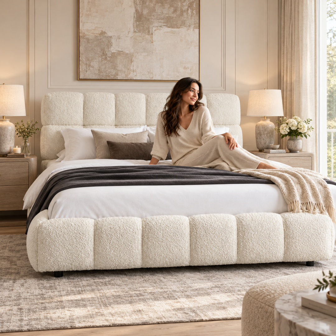 Wooden Twist Awf Tufted Boucle Bed White – Bedroom with Model
