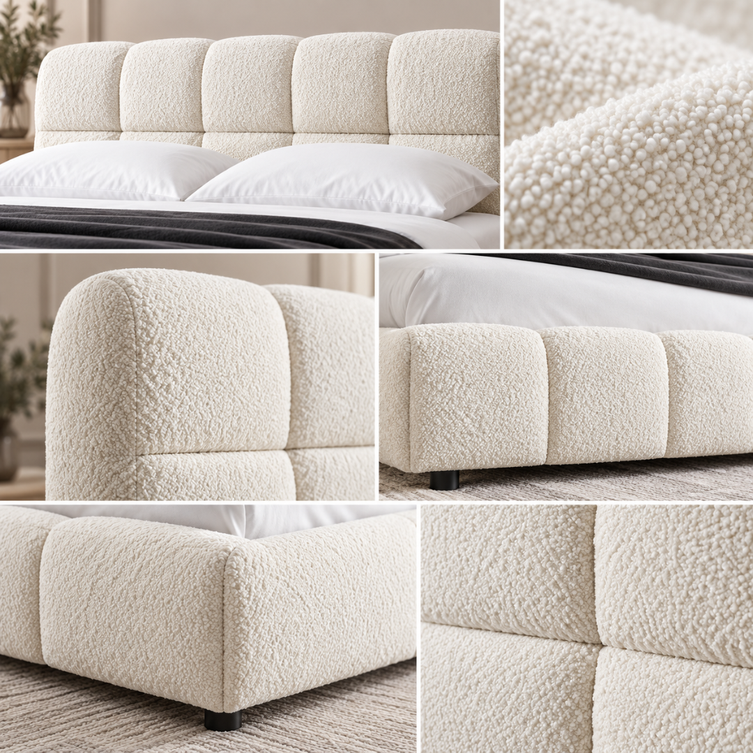 Wooden Twist Awf Tufted Boucle Bed White – Boucle Fabric & Tufting Details