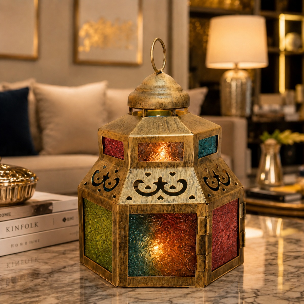 Wooden Twist Azmira Antique Brass Moroccan Lantern 25cm with Multicolor Embossed Glass - lit lifestyle view in living room