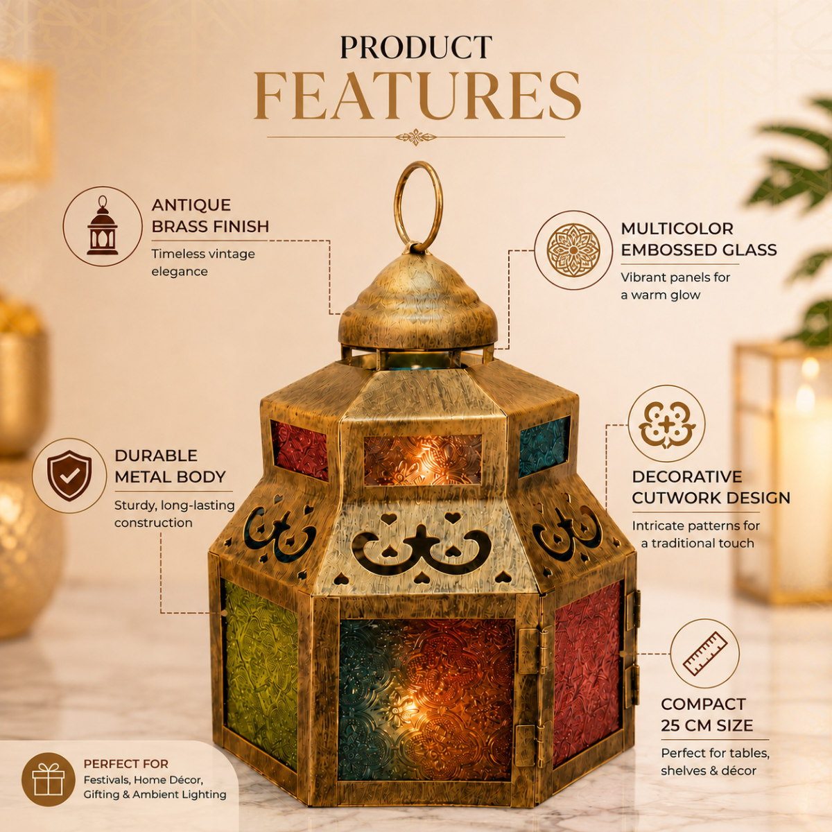 Wooden Twist Azmira Antique Brass Moroccan Lantern 25cm - product view showing teal, amber, red and purple glass panels