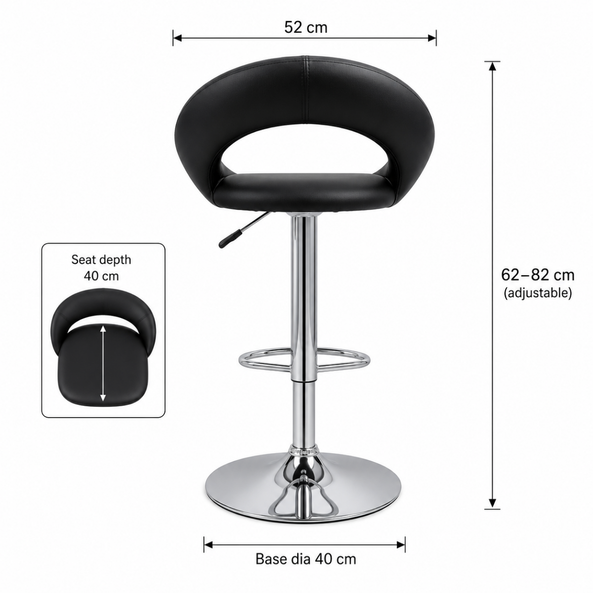 Wooden Twist Luxury Adjustable Height Bar Stool with Curved Wraparound PU Leather Backrest & Chrome Base