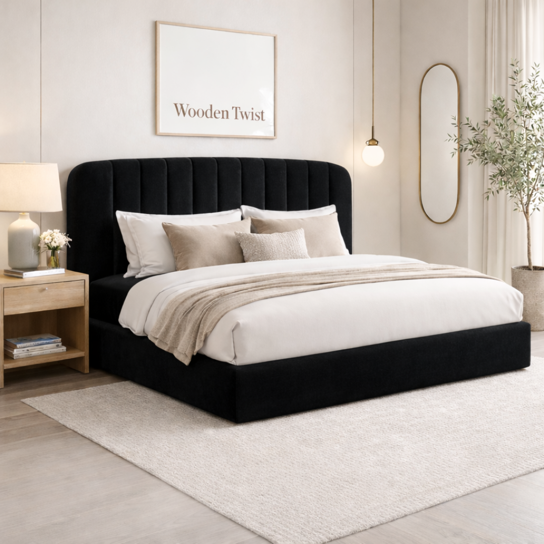 A Black Upholstered Bed with Minimal Modern Luxury