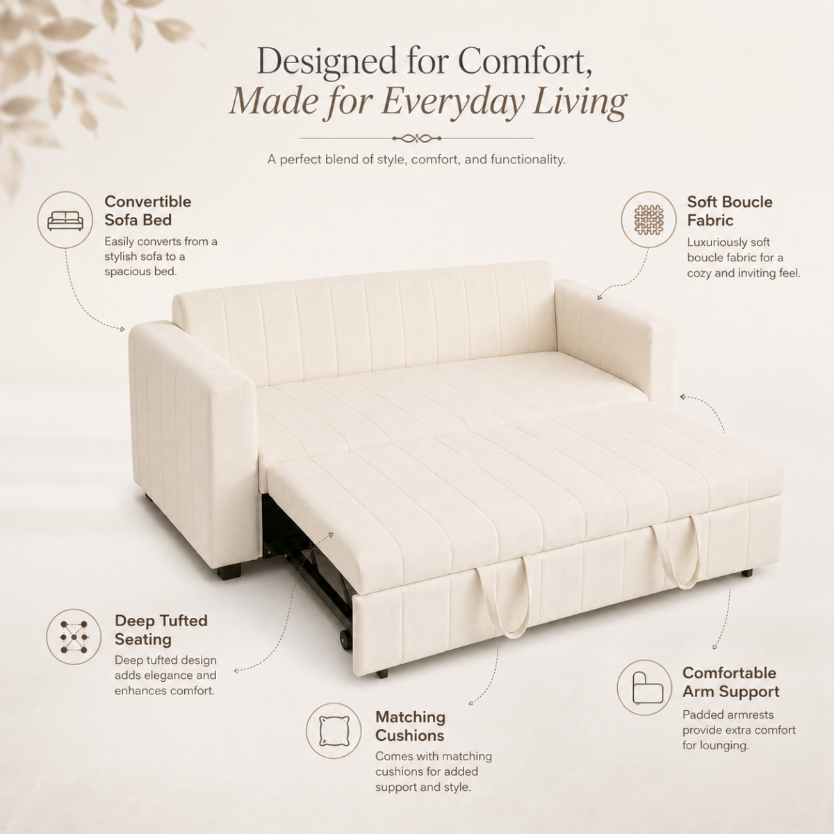 Wooden Twist Serene Bouclé Channel Tufted Convertible Sofa Bed with Pull-Out Sleeper | 2-Seater Sleeper Sofa for Living Room & Guest Room