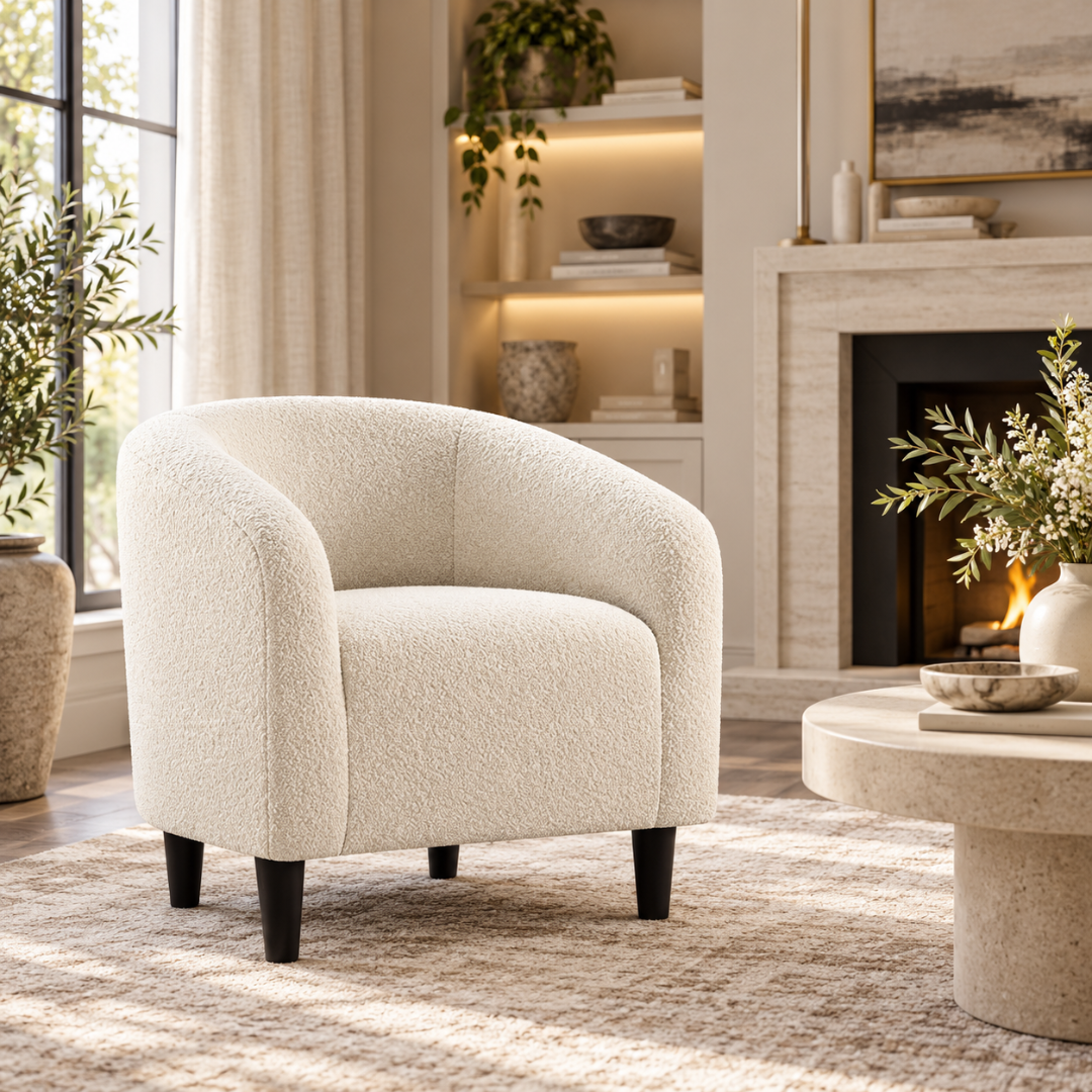 Wooden Twist Boucle Barrel Lounge Chair Beige – living room by fireplace