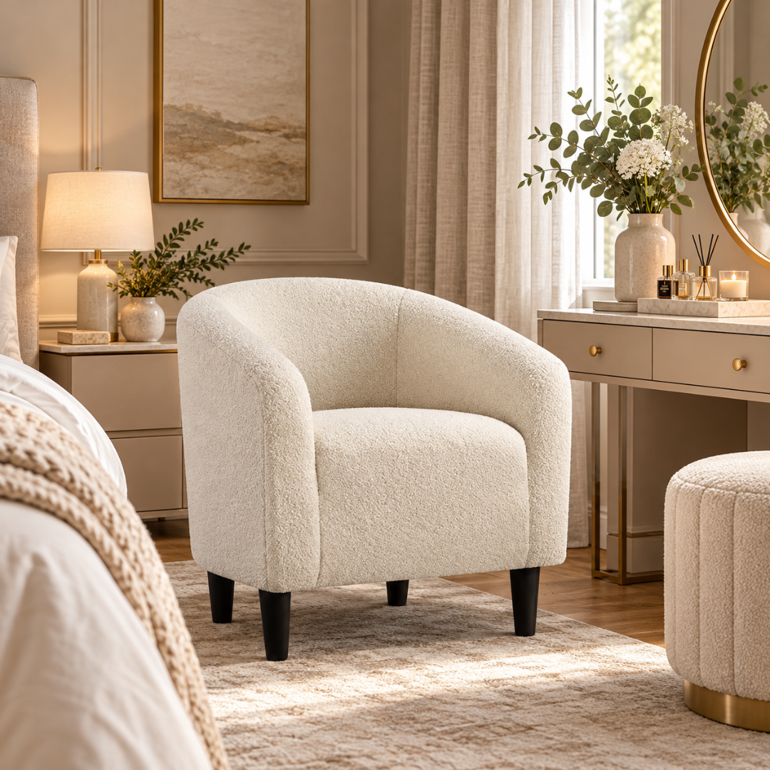 Wooden Twist Boucle Barrel Lounge Chair Beige – bedroom setting