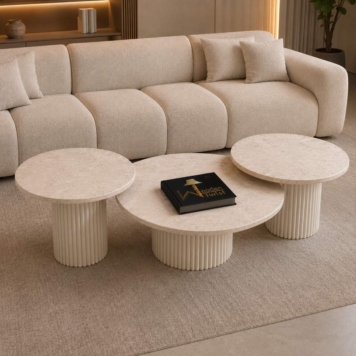 Wooden Twist Celeste Marble Coffee Table Set - lifestyle living room view