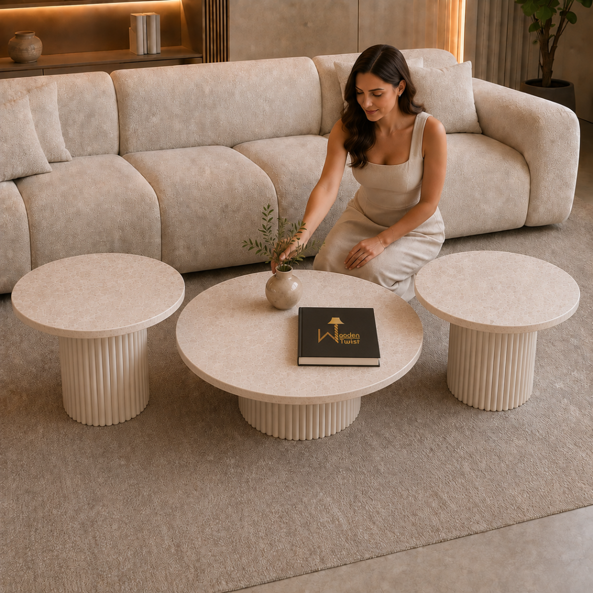 Wooden Twist Celeste Marble Coffee Table Set - lifestyle with model