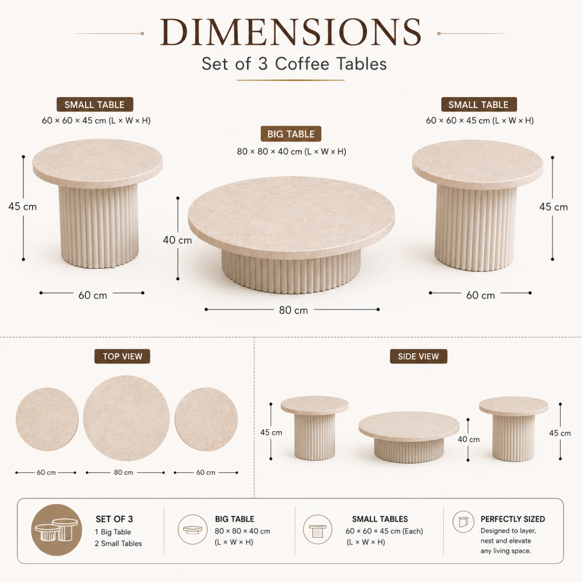 Wooden Twist Celeste Marble Coffee Table Set - dimensions