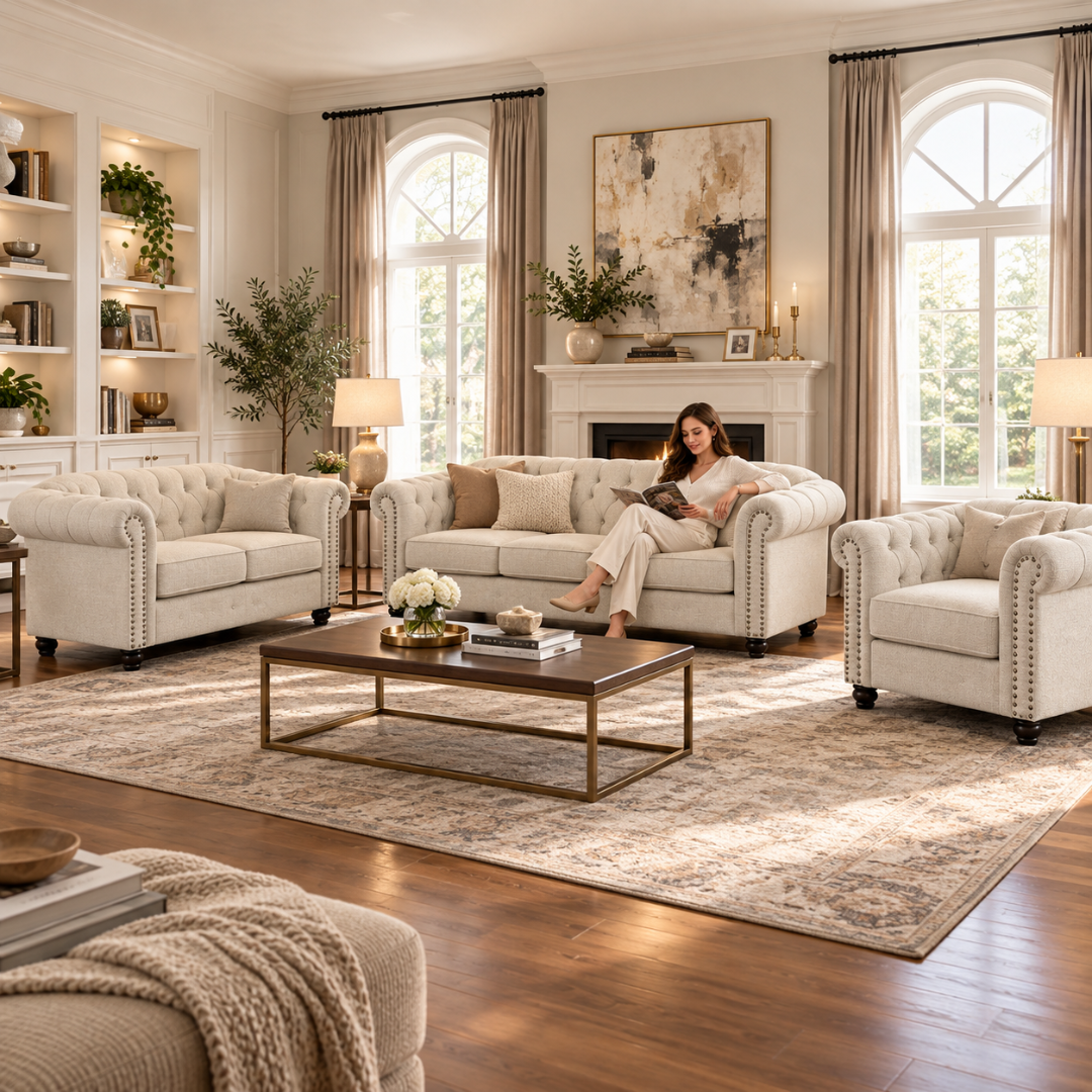 Wooden Twist Destro Chesterfield Sofa Beige – 3+2+1 set with woman in living room