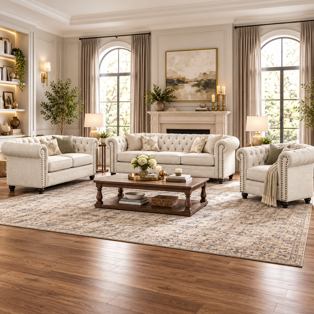 Wooden Twist Destro Chesterfield Sofa Beige – 3+2+1 set in living room