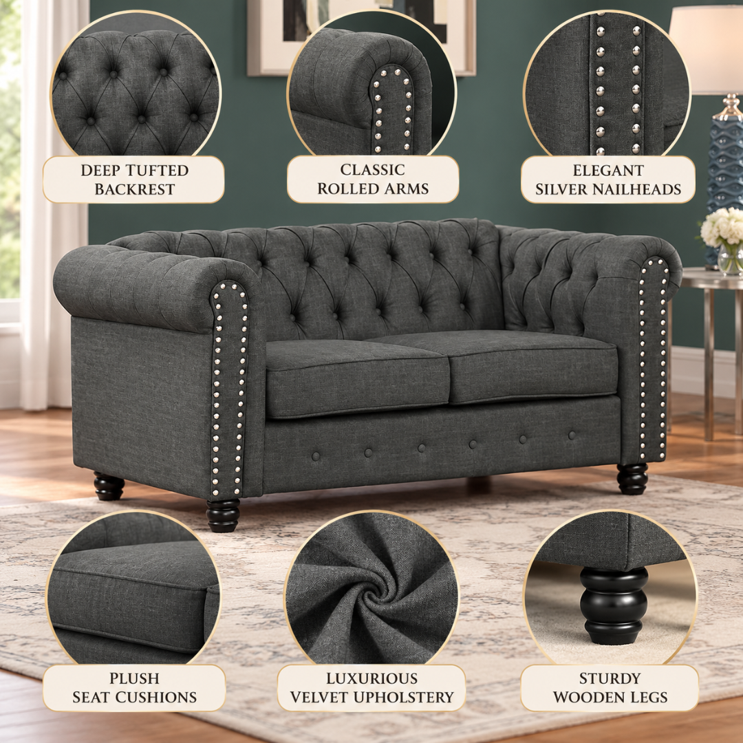 Wooden Twist Destro Chesterfield 2 Seater Sofa Dark Grey – Key Features