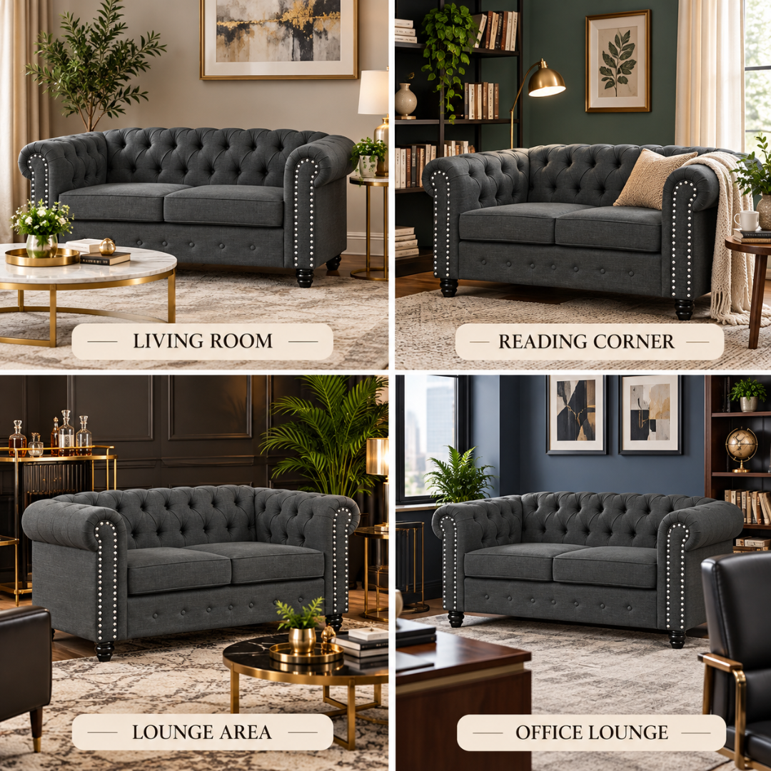 Wooden Twist Destro Chesterfield 2 Seater Sofa Dark Grey – Room Styling Ideas