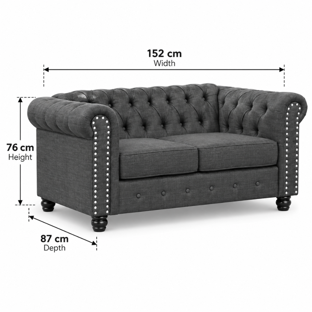 Wooden Twist Destro Chesterfield 2 Seater Sofa Dark Grey – Dimensions 152 x 87 x 76 cm