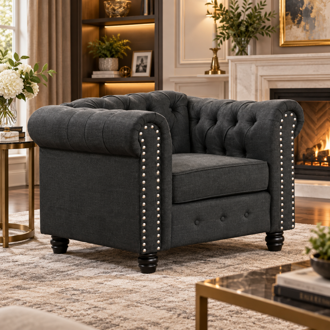 Wooden Twist Destro Chesterfield 1 Seater Armchair Dark Grey – Living Room