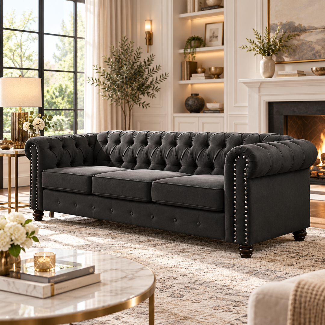 Wooden Twist Destro Chesterfield 3 Seater Sofa Dark Grey – Living Room
