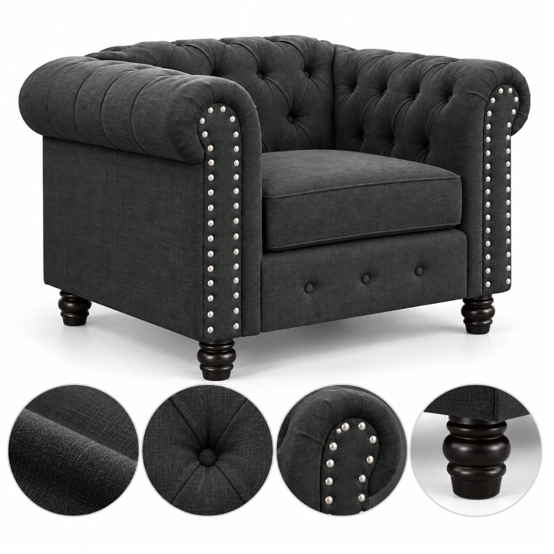 Wooden Twist Destro Chesterfield 1 Seater Armchair Dark Grey – Angle View with Details
