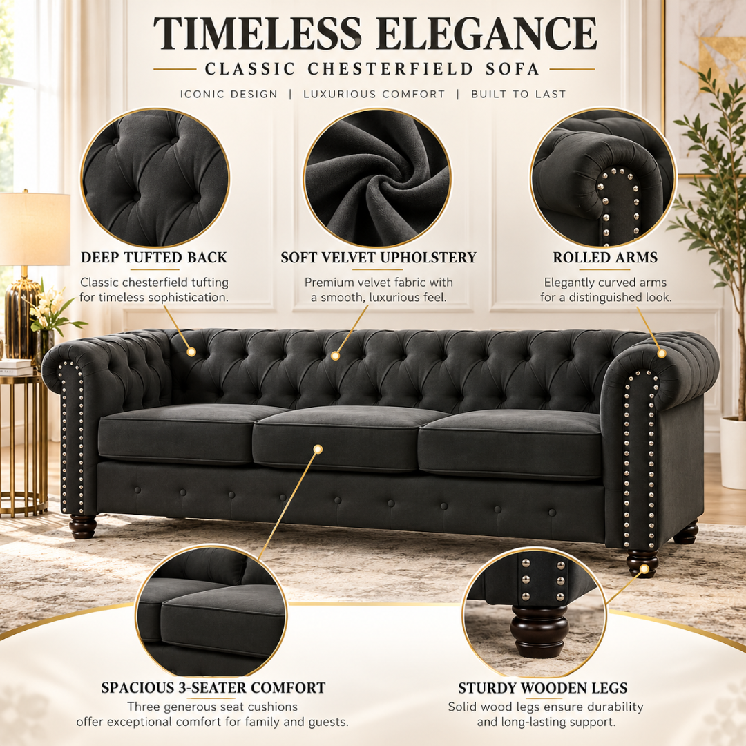 Wooden Twist Destro Chesterfield 3 Seater Sofa Dark Grey – Key Features