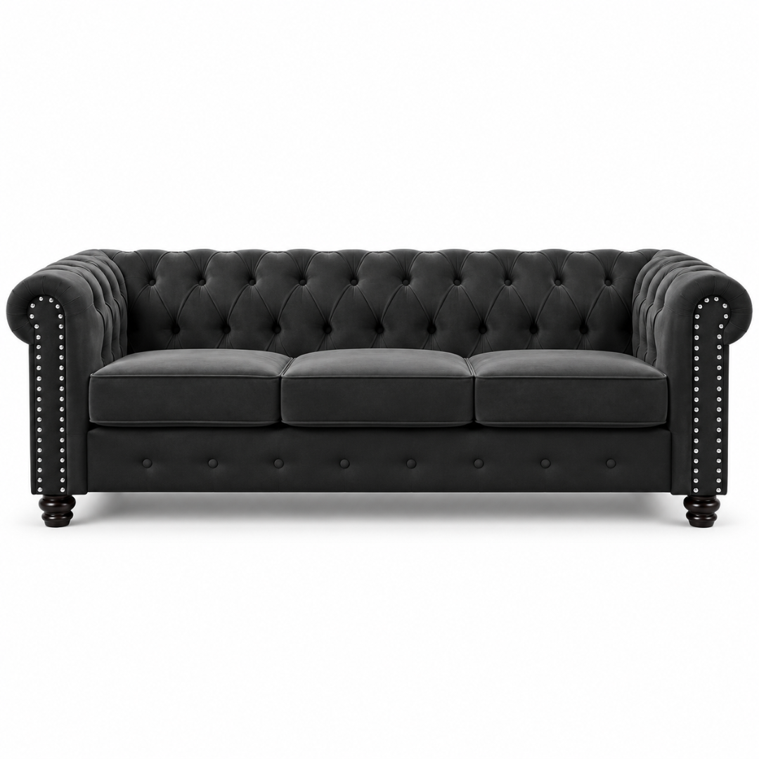 Wooden Twist Destro Chesterfield 3 Seater Sofa Dark Grey – Front View