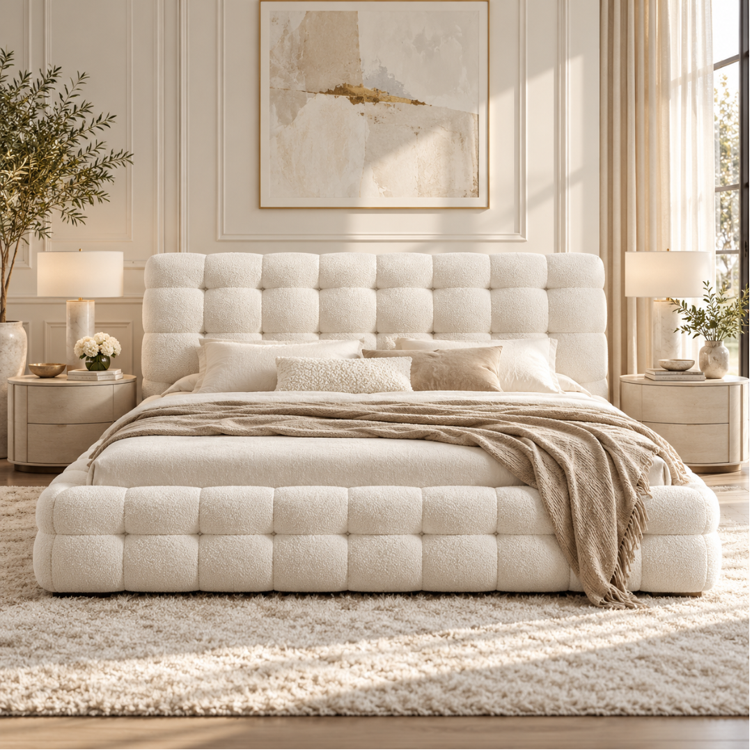 Wooden Twist Elegance Chunky Tufted Boucle Bed Beige – front view in bedroom