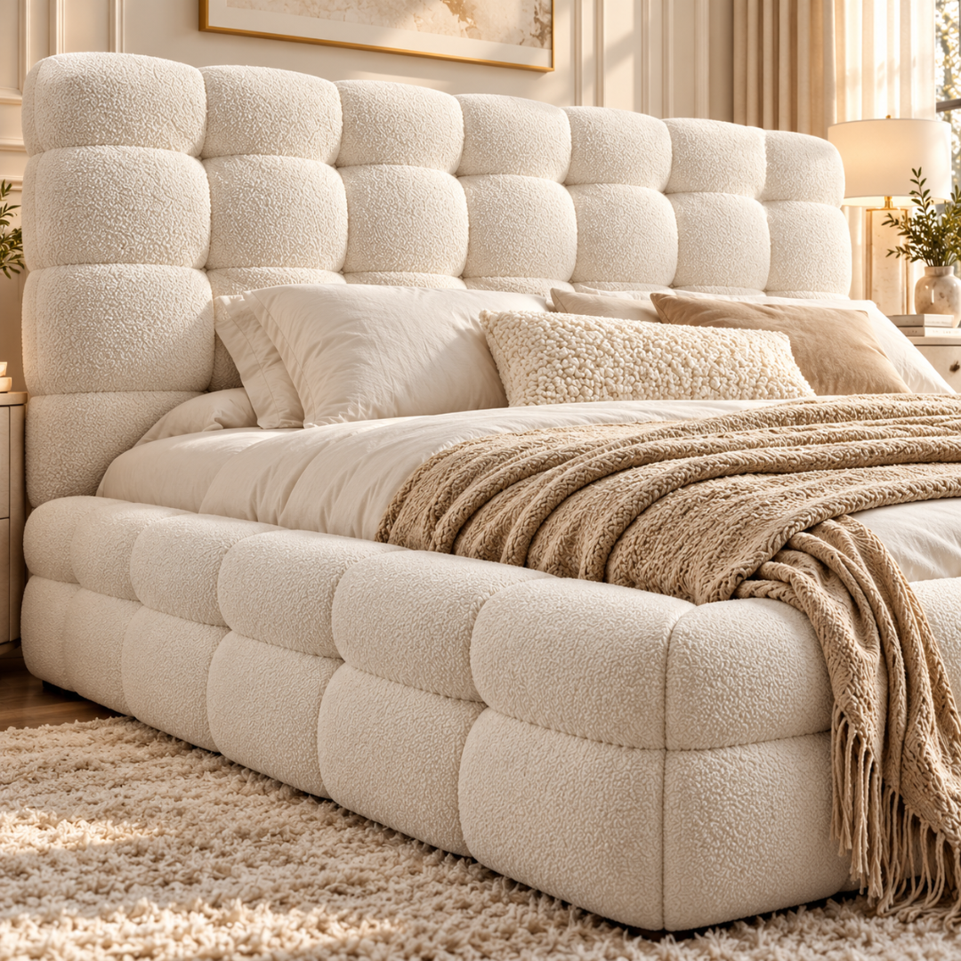 Wooden Twist Elegance Chunky Tufted Boucle Bed Beige – tufted frame close-up