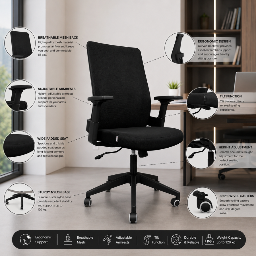 Stable 5-Star Nylon Base, 360-Degree Swivel